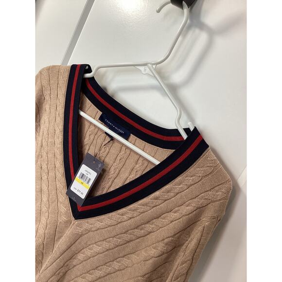 nwt Tommy Hilfiger Women's V Neck Cable Knit Pullover Sweater Tan Size Medium - Picture 3 of 9